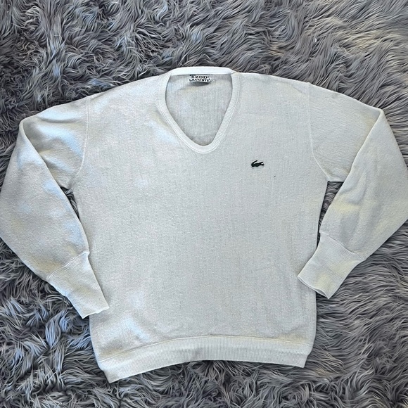 Lacoste Izod Sweater Gator Patch Ivory V Neck Vintage 90s Tennis Preppy Mens L - Picture 2 of 10